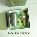 Elegant green business gift set including a coffee mug and mini bunny ear hand fan - Green Coffee Cup Mini Fan Combo