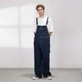 High street style dark blue denim overalls with wide-leg cut for men and women - M / Blue