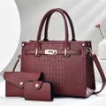 Three-piece burgundy tote bag set with crocodile pattern and detachable strap - 29x14x21 / Wine Red