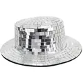 Detailed view of silver disco mirror bucket hat with reflective square glass tiles - M (56-58cm) / Silver Mirror Glass Style 2