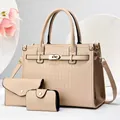 Three-piece beige handbag set featuring embossed crocodile texture and gold hardware - 29x14x21 / Apricot