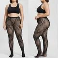 Plus size black floral patterned lace fishnet tights for women - Floral Mesh Style / Black