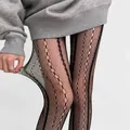 High elasticity black fishnet stockings with vertical stripes and hollow patterns - Vertical Stripe Cable Mesh Style / Black