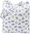 Detail of floral corduroy tote bag featuring blue flower patterns and metal buckle closure - Blue Purple Floral
