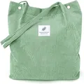 Light green corduroy tote bag with vertical stripes and stylish feather patch - Mung Bean Green