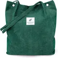 Dark green corduroy tote bag with thick texture and minimalist square label - Green