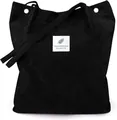 Minimalist black corduroy tote bag featuring a feather patch and double handles - Black