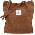 Brown corduroy tote bag for women featuring a minimalist square label and wide straps - Turmeric