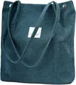 Deep teal corduroy shoulder tote bag with vertical stripes and white woven patch - Cyan