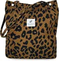 Leopard print corduroy tote bag with dual straps and stylish white brand patch - Leopard Print
