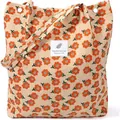 Beige corduroy tote bag with orange floral print and stylish woven patch - Beige Floral