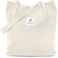 Cream white corduroy tote bag with blue feather patch and top handle detail - Beige