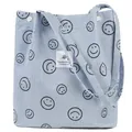 Light blue corduroy shoulder bag featuring black smiley face prints and white woven label - Sky Blue Smiley