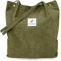 Army green corduroy tote bag with dual metal buckles and feather woven label - Army Green