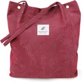 Burgundy corduroy tote bag with feather label and magnetic buckle closure - Burgundy
