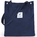 Dark blue corduroy tote bag with vertical texture and stylish white feather patch - Navy Blue