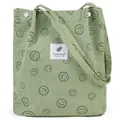 Light green corduroy tote bag featuring black smiley faces and snap button detail - Bean Green Smiley