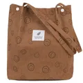 Brown corduroy tote bag featuring black smile patterns and white fabric label - Light Brown Smiley
