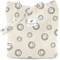 Off-white corduroy tote bag featuring minimalist smile prints and decorative patch label - Beige Smiley