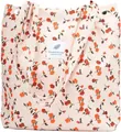 Pink corduroy tote bag with orange floral pattern and silver metal buckles - Beige Floral