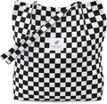 Corduroy tote bag in black and white checkerboard pattern with shoulder strap - Black & White Checkerboard