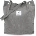 Grey corduroy tote bag for women featuring a blue feather patch and metal buckles - Dark Gray