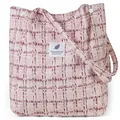 Pink and white checkered corduroy tote bag with square feather label and snap closure - Pink Elegant