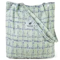 Green corduroy tote bag with blue grid pattern and metal button closure - Green Tweed Style