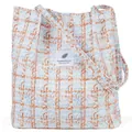 Blue and orange plaid corduroy tote bag with magnetic snaps and woven logo patch - Blue Tweed Style