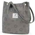 Gray corduroy tote bag with black smile prints and brand logo patch detailing - Dark Gray Smiley