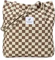 Brown checkerboard corduroy tote bag with inspirational text label and metal stud closure - Khaki Checkerboard