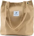 Minimalist khaki corduroy tote bag with textured stripes and decorative fabric label - Milk Coffee