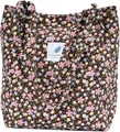 Corduroy tote bag in dark brown with colorful floral print and metal snap button - Red-Coffee with Yellow Floral