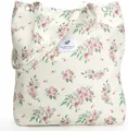 Corduroy tote bag in beige with pink floral print and metal eyelets decoration - Watercolor Flower