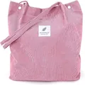 Pink corduroy tote bag with large capacity and motivational patch for daily use - Pink