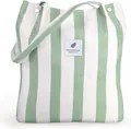 Vertical green and white striped corduroy tote bag with leaf patch and shoulder strap - Green and White Striped