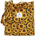 Black corduroy tote bag featuring vibrant yellow sunflower prints and white woven label - Sunflower Print