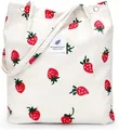 White corduroy tote bag featuring red strawberry prints and shoulder straps - Beige with Strawberry