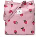 Pink corduroy shoulder tote bag with strawberry print and snap button closure - Pink Strawberry