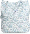 Blue floral corduroy tote bag with white woven label and silver metal ring accents - White with Blue Flowers