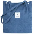 Blue corduroy shoulder tote bag featuring a white feather label and metal hardware detail - Aqua