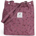 Pink corduroy floral tote bag with silver buttons and vintage graphic printed design - Red Rose