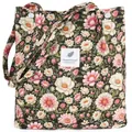 Corduroy tote bag featuring colorful daisy floral patterns and magnetic snap closure - Green Base Floral