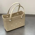 Medium khaki EVA beach tote bag with perforated holes for DIY charms accessories - Khaki