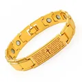 Gold plated magnetic therapy bracelet with Lord's Prayer engraving and cross symbol. - Single Magnet Engraved Cross - Gold