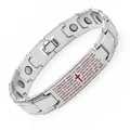 Silver-toned magnetic bracelet featuring the Lord's Prayer in Portuguese and red cross - Single Magnet Engraved Cross - Silver