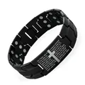 Black stainless steel magnetic therapy bracelet with engraved Lord's Prayer and cross - Tire Three-Row - Cross Logo - Black