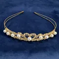 Elegant golden tiara headband with heart-shaped pearls and crystals - Heart Crown Style (C9407)