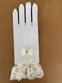 Cream white fishnet bridal glove with rhinestone bow and lace ruffles for wedding - Off White