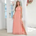 Robe de soirée élégante pêche corail avec col licou et fente haute sexy sur la jambe - Orange Corail